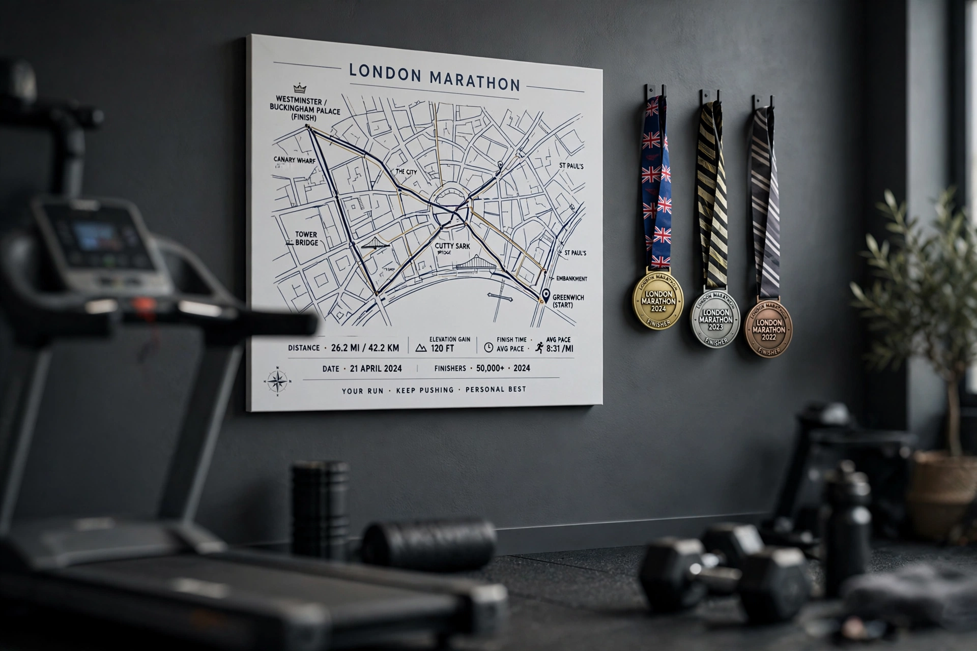 London Marathon canvas route print in home gym