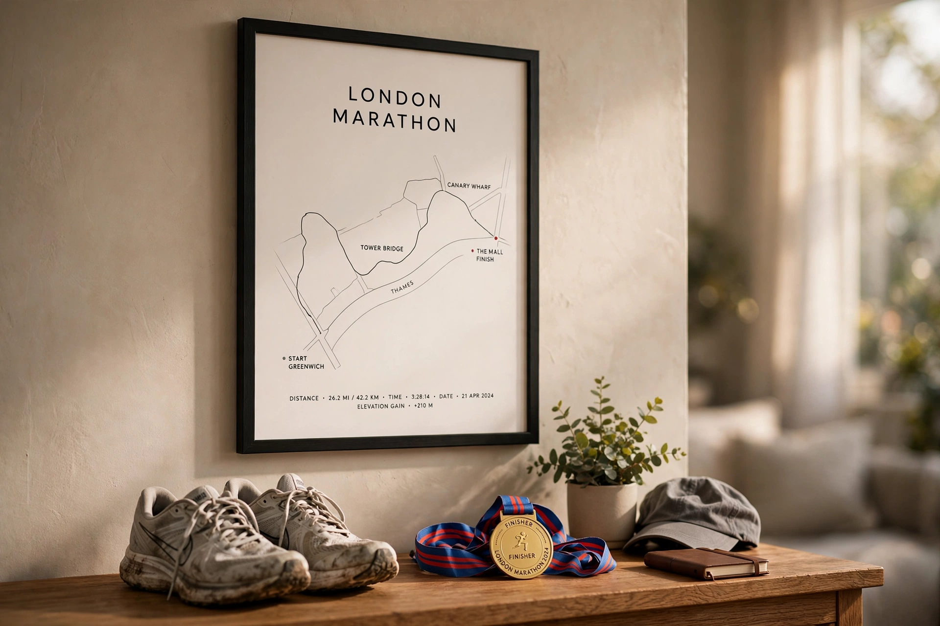 London Marathon framed route poster in living room