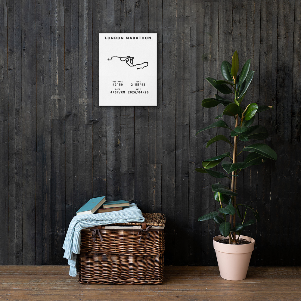 London Marathon canvas route print hanging on dark wood wall