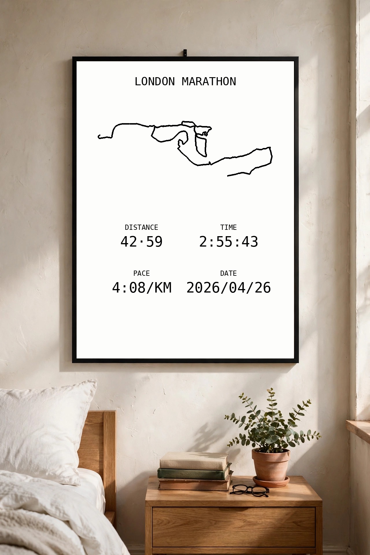 London Marathon framed route poster hanging above a bedside table
