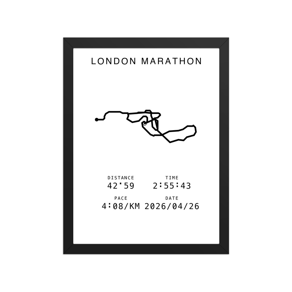 Framed London Marathon route poster, front view — 42.59 km in 2:55:43